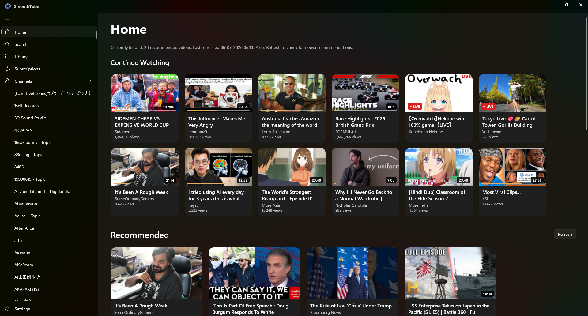 SmoothTube home page showing Continue Watching and Recommended video grids