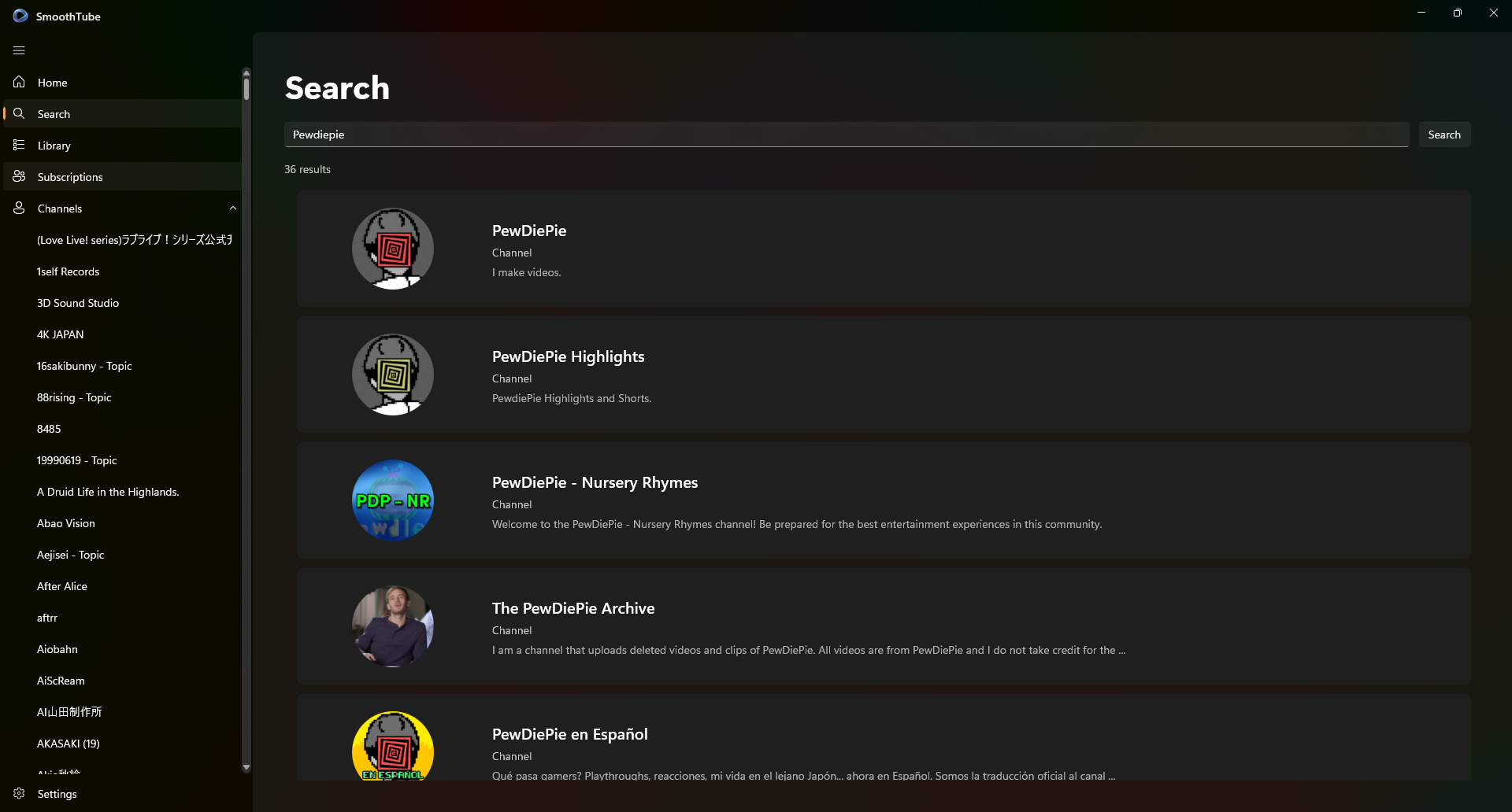 SmoothTube search page showing channel search results