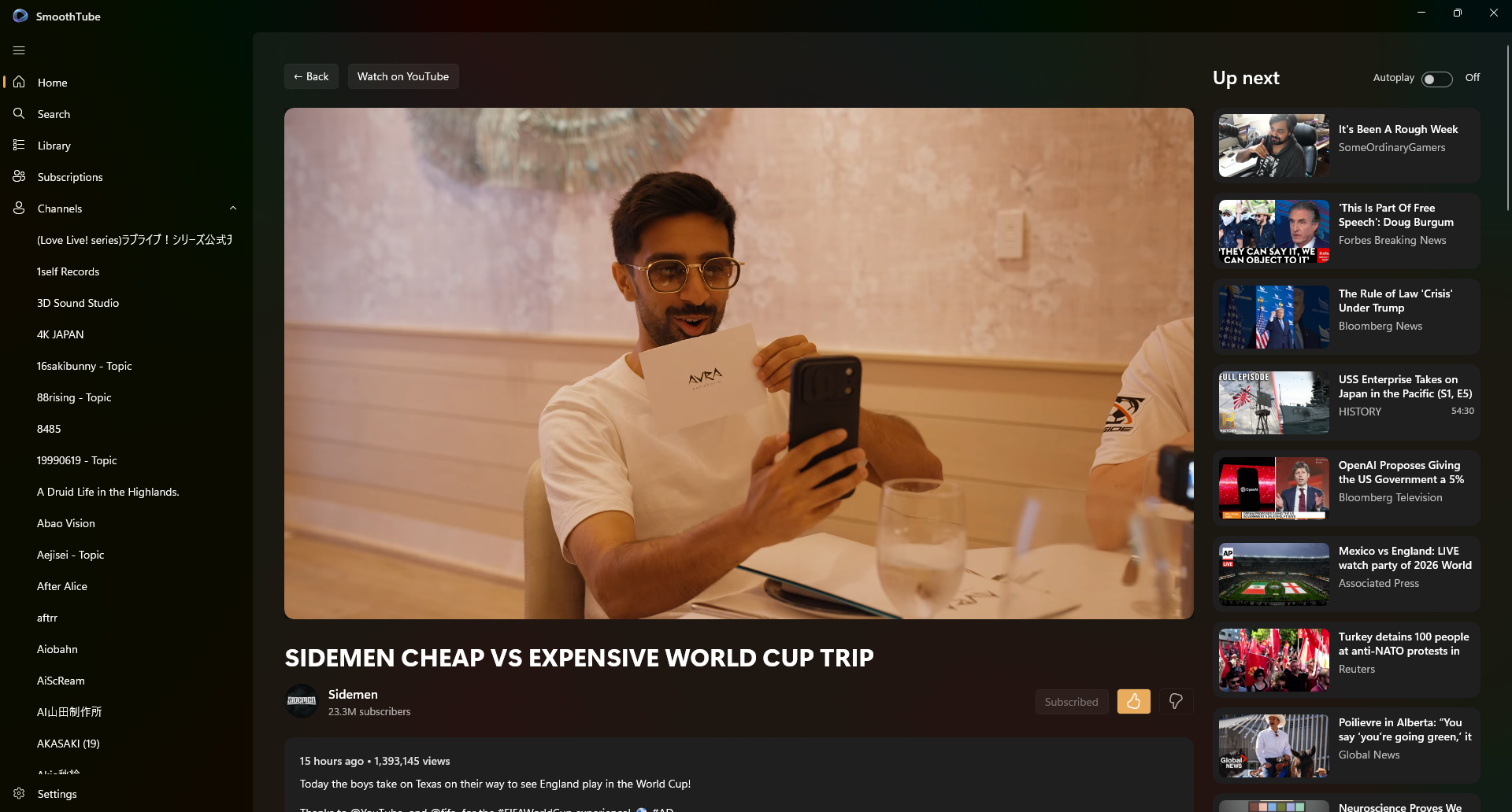 SmoothTube watch page showing video playback, navigation, metadata, and an Up next column